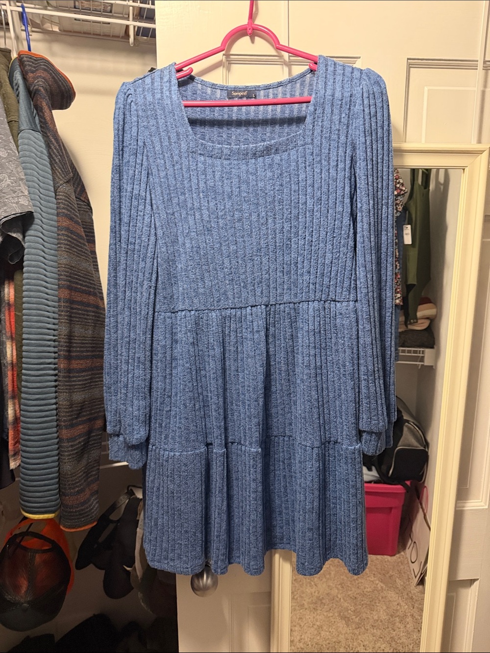 Cozy Ribbed Knit Mini Dress - Blue